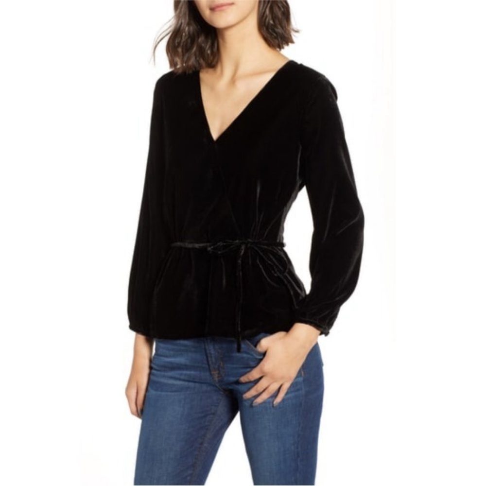 J.Crew Black Velvet Faux Wrap Top J4962 V-Neck Tie Waist Minimalist 4 Classic